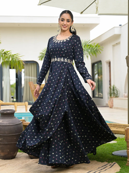 Navy Blue Bandhani Print Anarkali Ethnic Long Dress