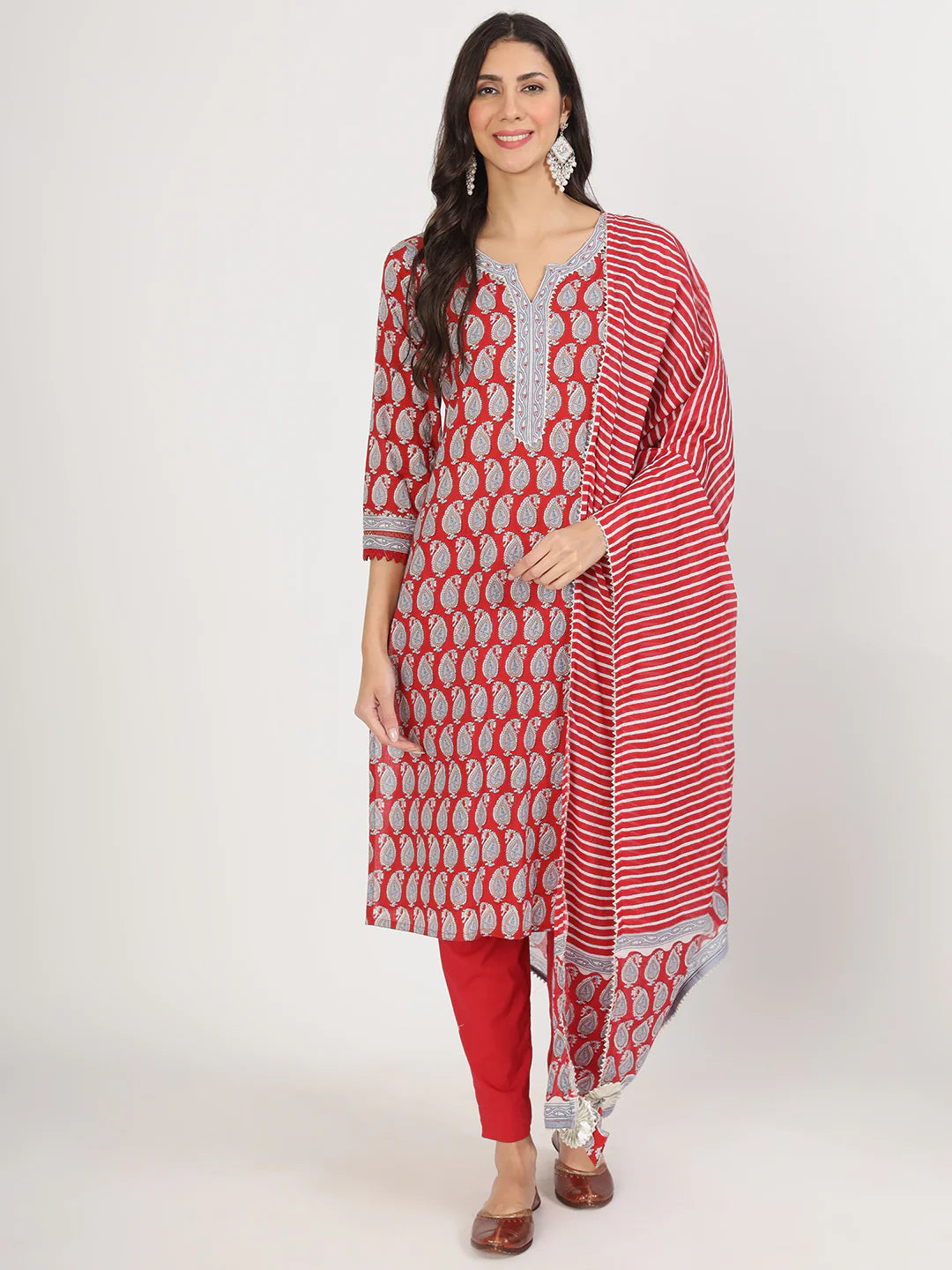 Maroon Cotton Paisley Print Ethnic Straight Kurta Set