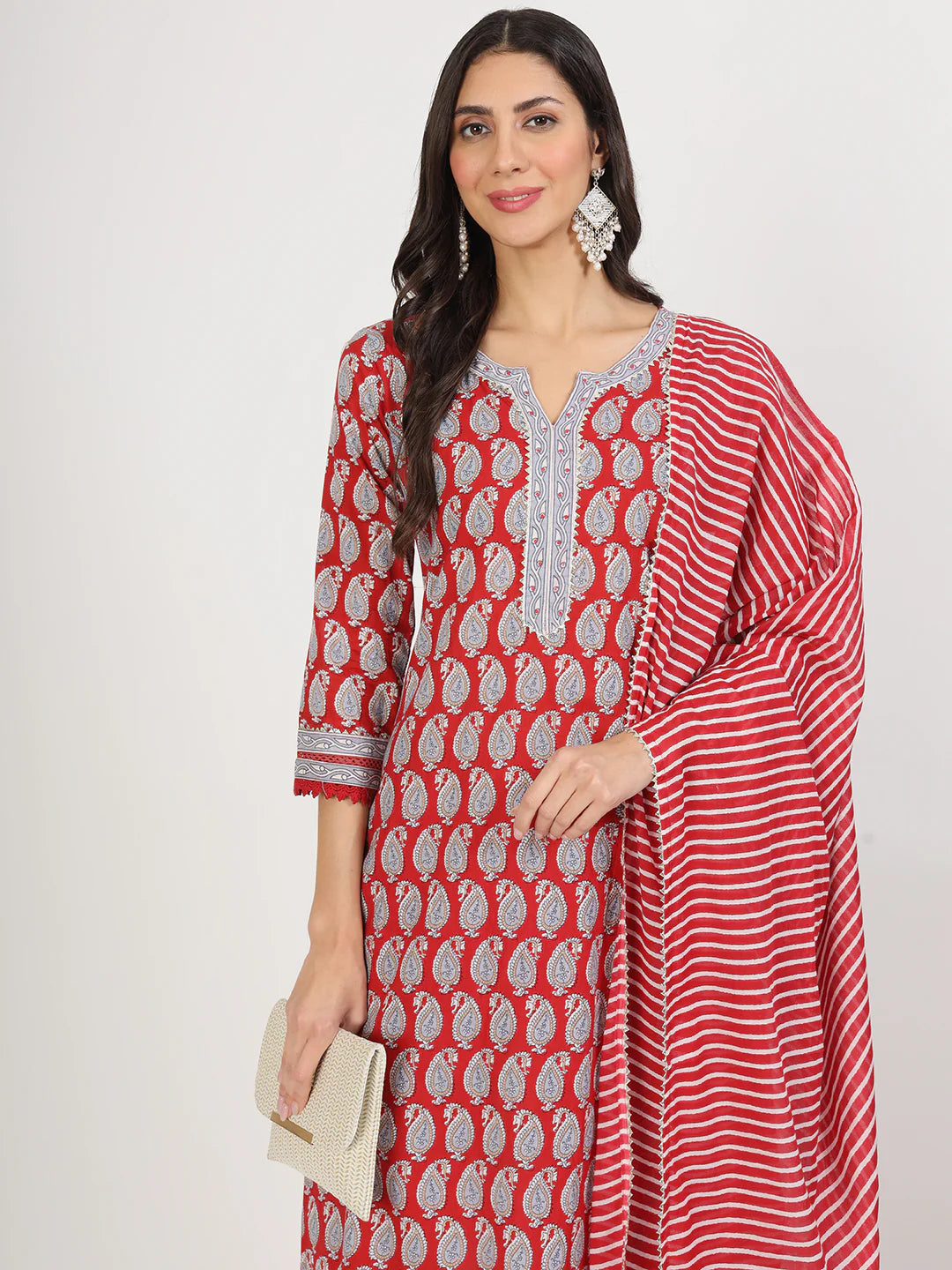 Maroon Cotton Paisley Print Ethnic Straight Kurta Set