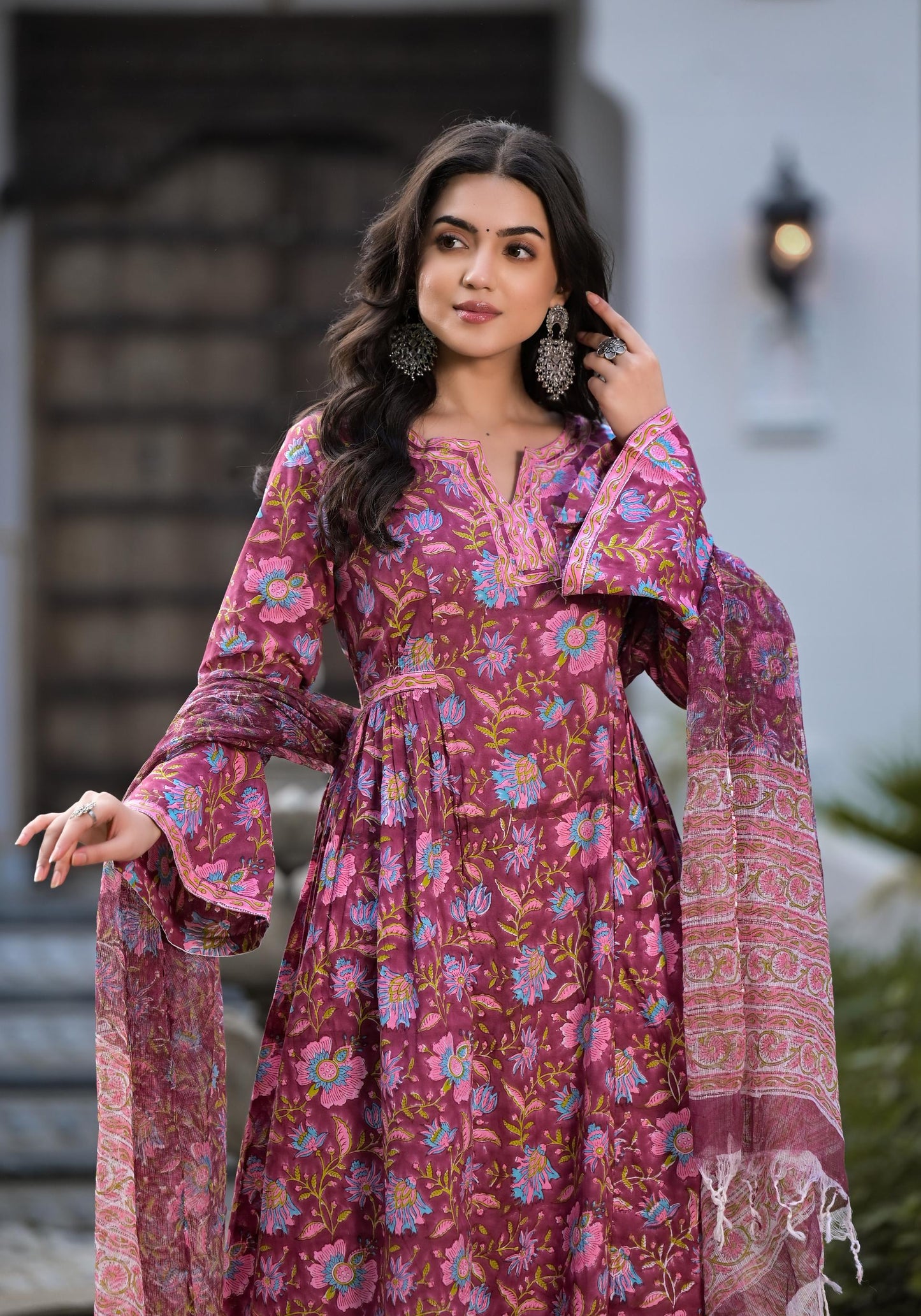 Magenta Cotton Hand Printed Ethnic Straight Kurta Set