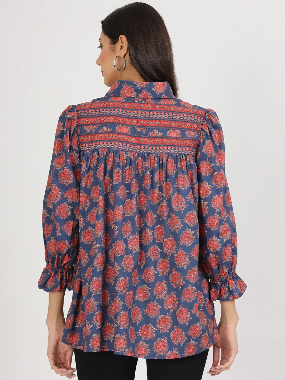 Navy Blue Cotton Ethnic Motif Print Top