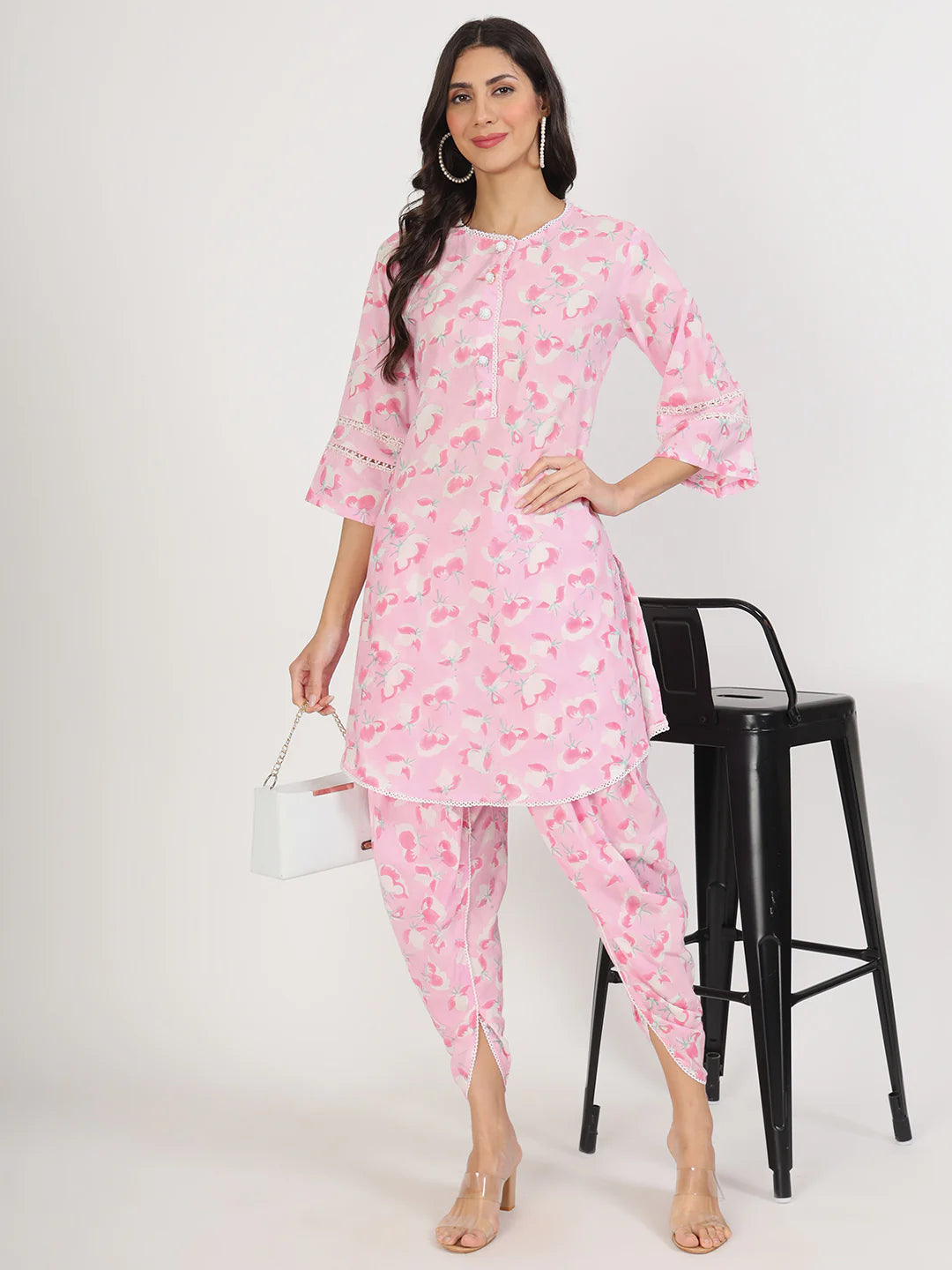 Cotton Pink Floral Print With Dhoti Co-ord Set