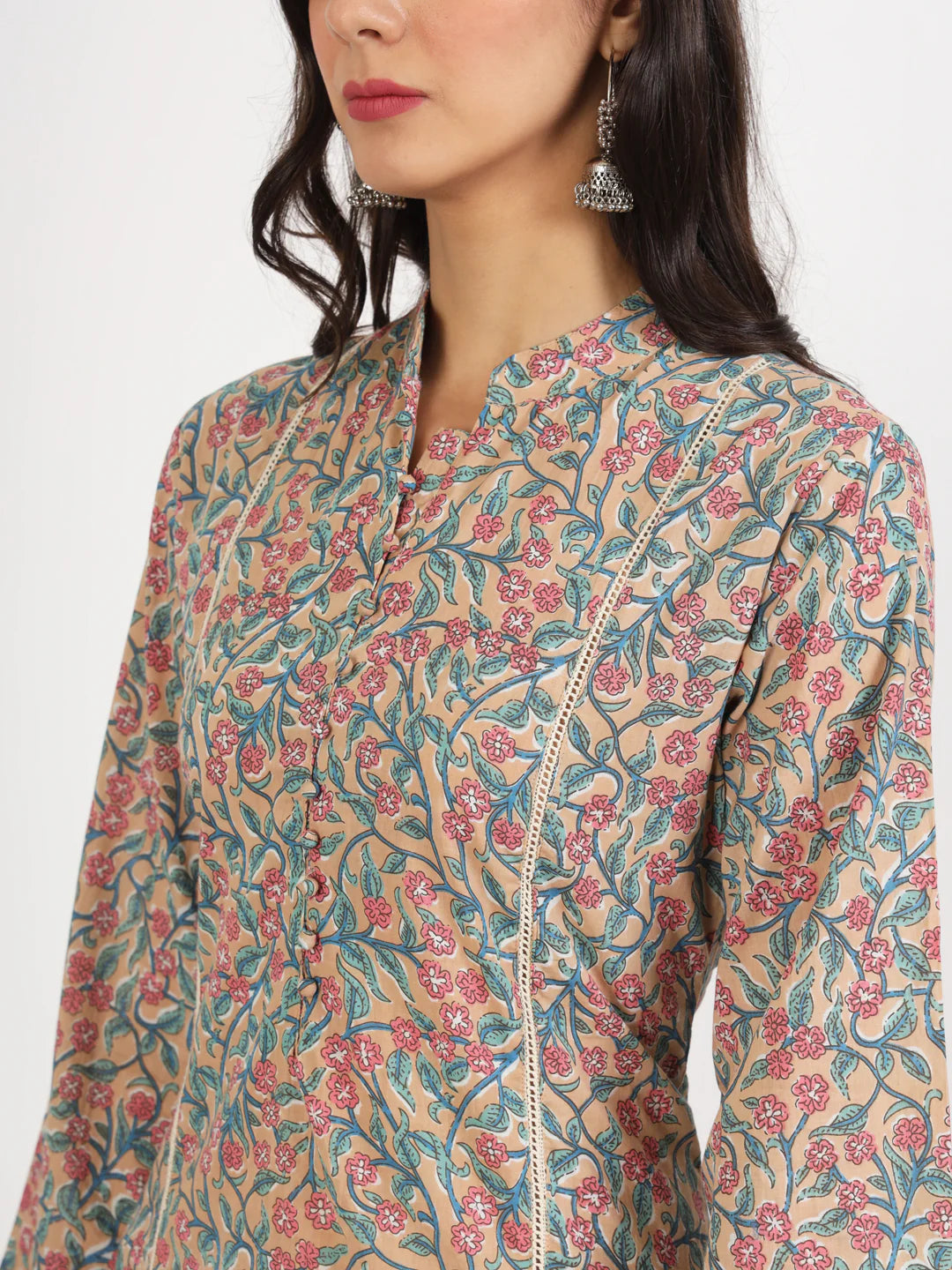 Beige Cotton Floral Printed Casual Co-ord Set