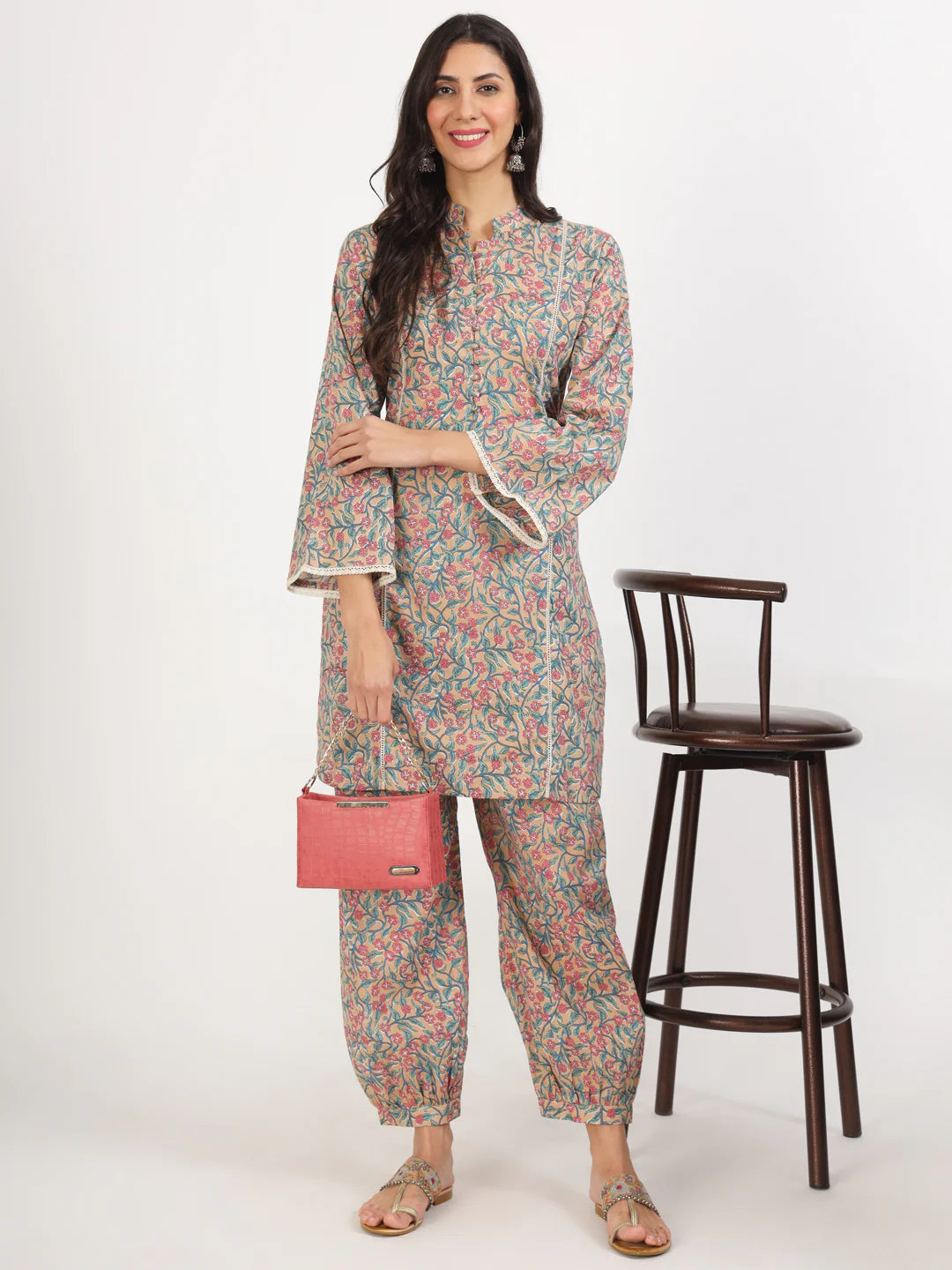 Beige Cotton Floral Printed Casual Co-ord Set