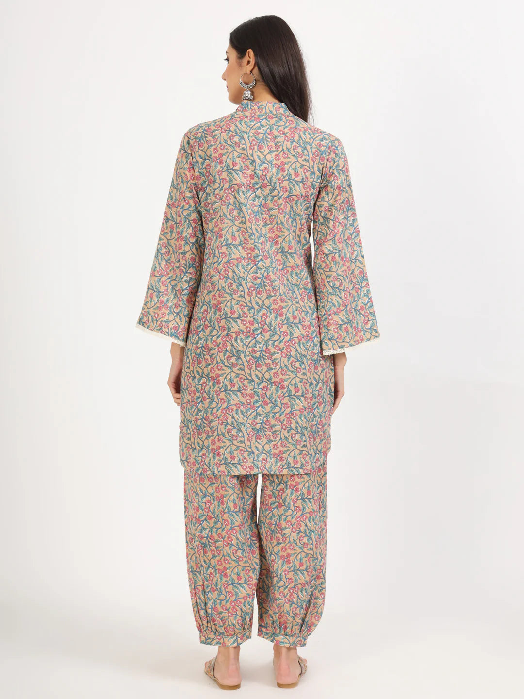Beige Cotton Floral Printed Casual Co-ord Set