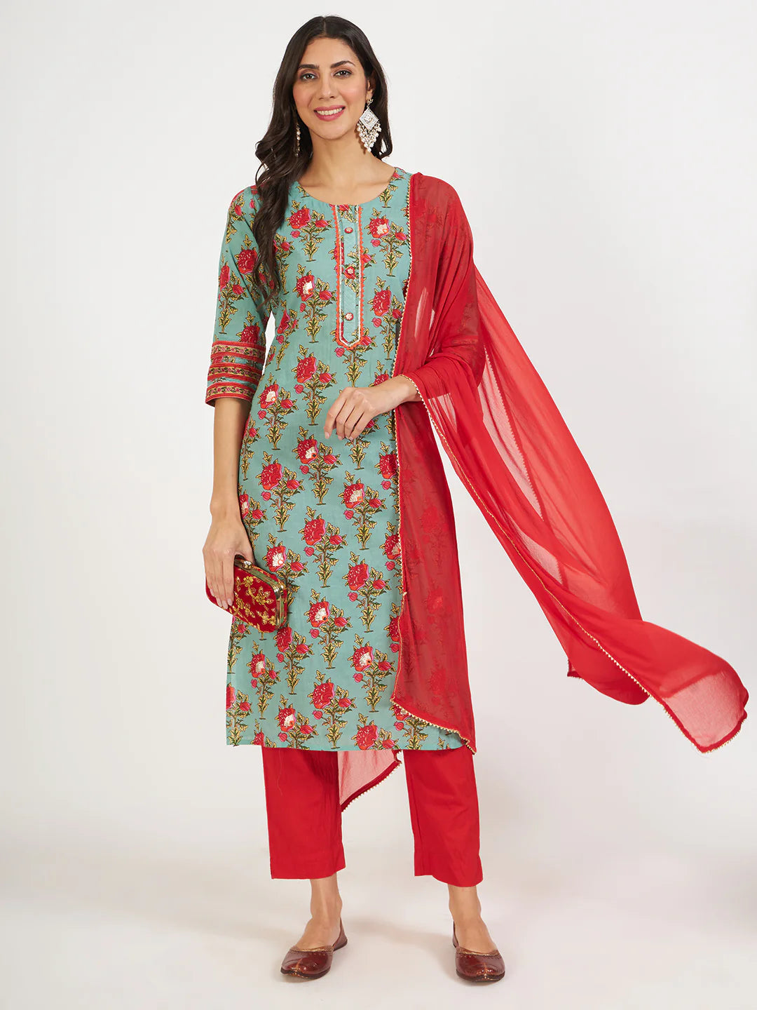 Green Floral Print Cotton Straight Ethnic Kurta Set