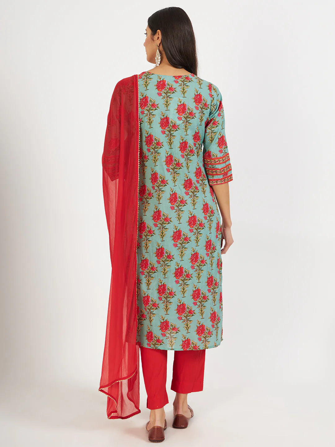Green Floral Print Cotton Straight Ethnic Kurta Set