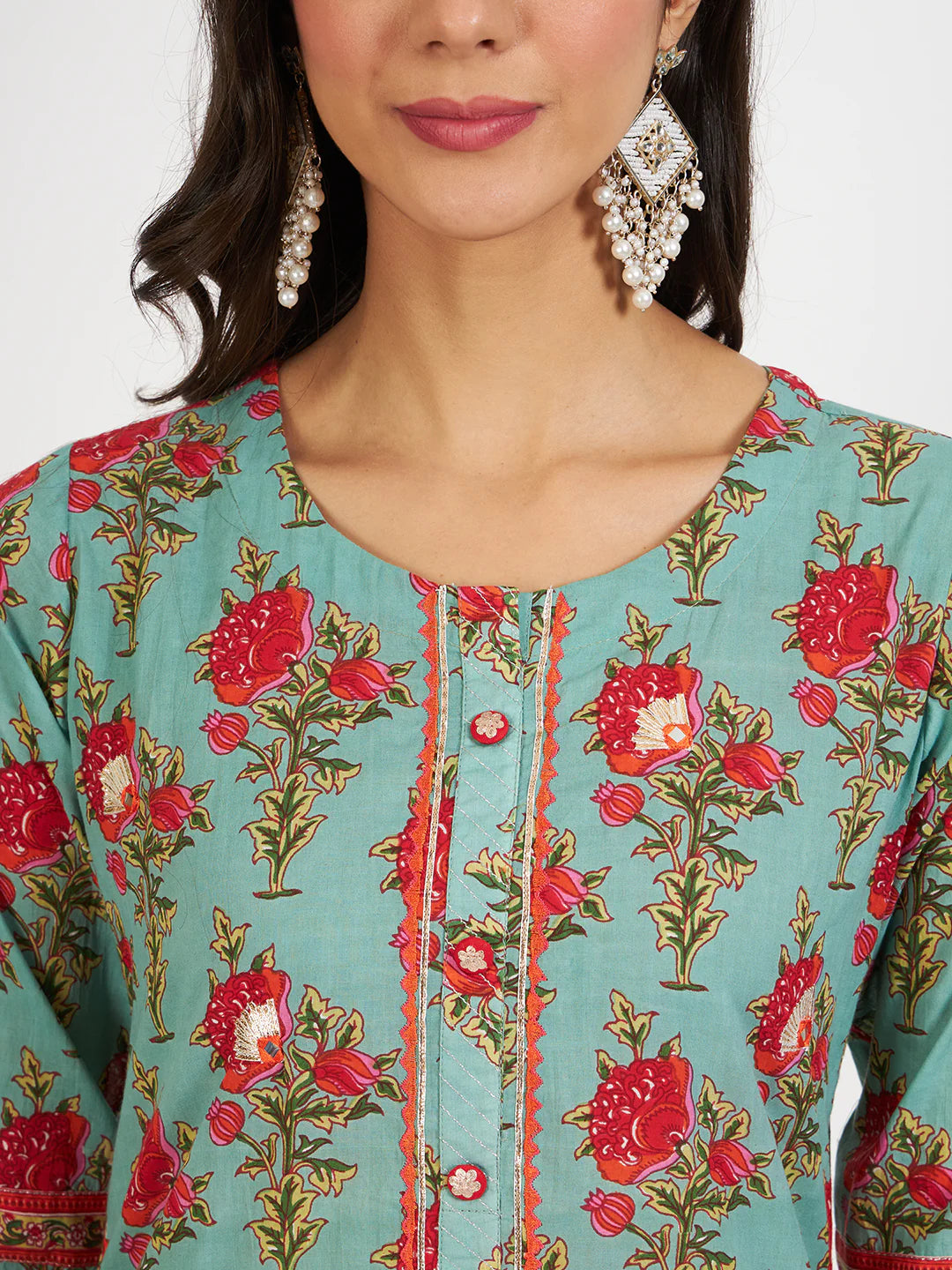 Green Floral Print Cotton Straight Ethnic Kurta Set