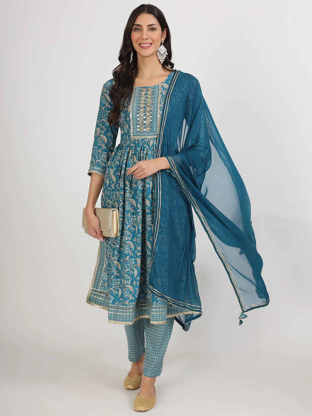Teal Green Cotton Floral Print Nyra Cut Kurta Set