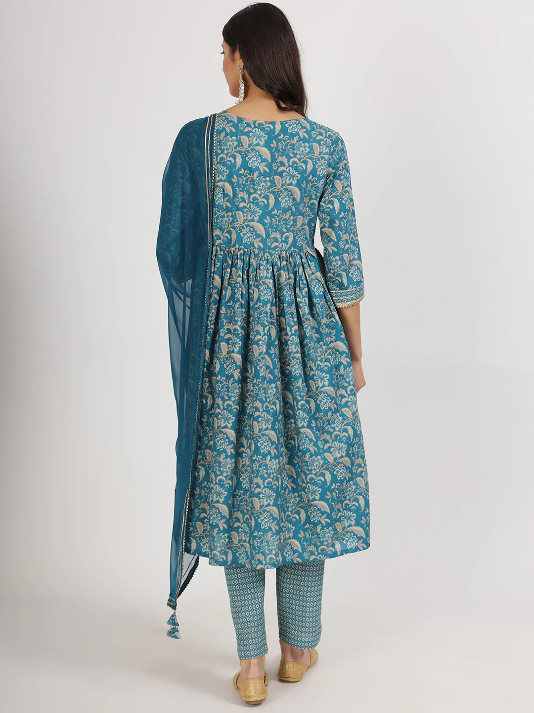 Teal Green Cotton Floral Print Nyra Cut Kurta Set