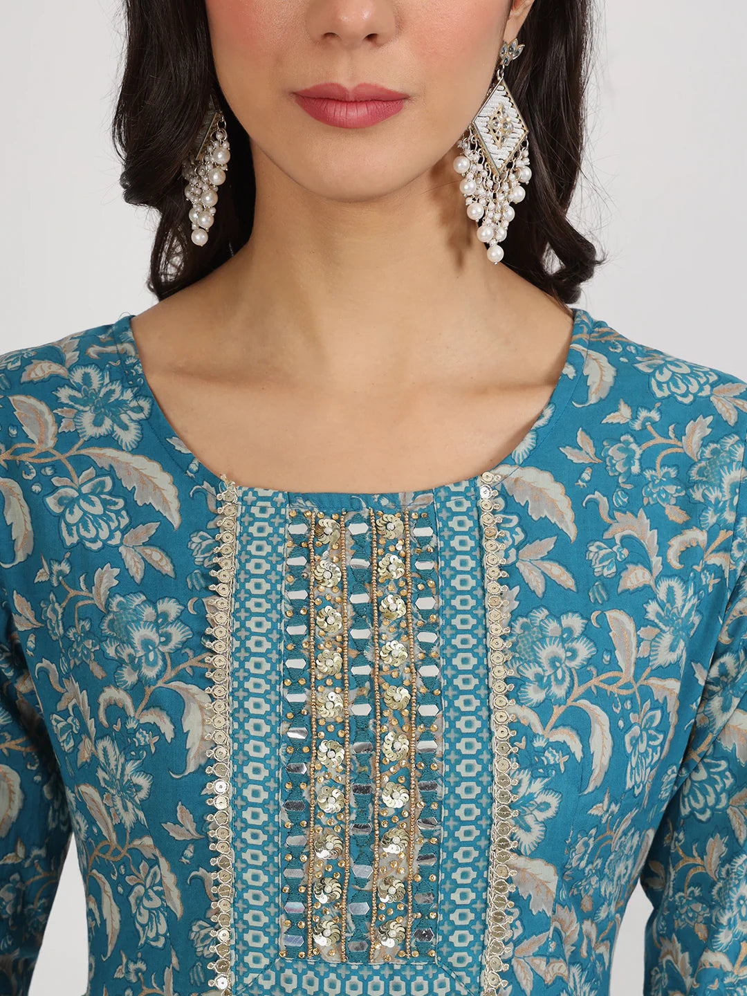Teal Green Cotton Floral Print Nyra Cut Kurta Set