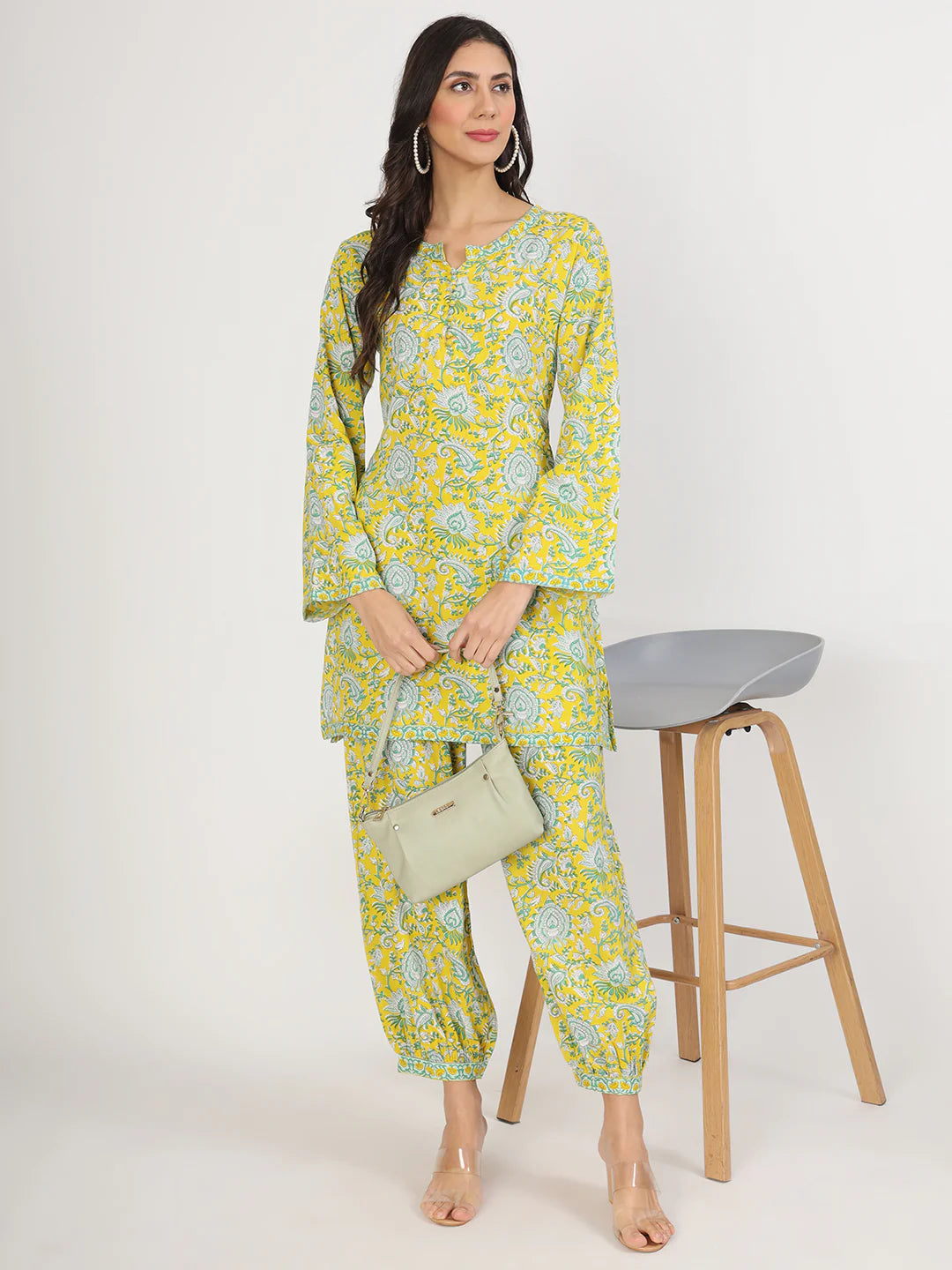 Rayon & Velvet Mustard Floral Print Co-ord Set