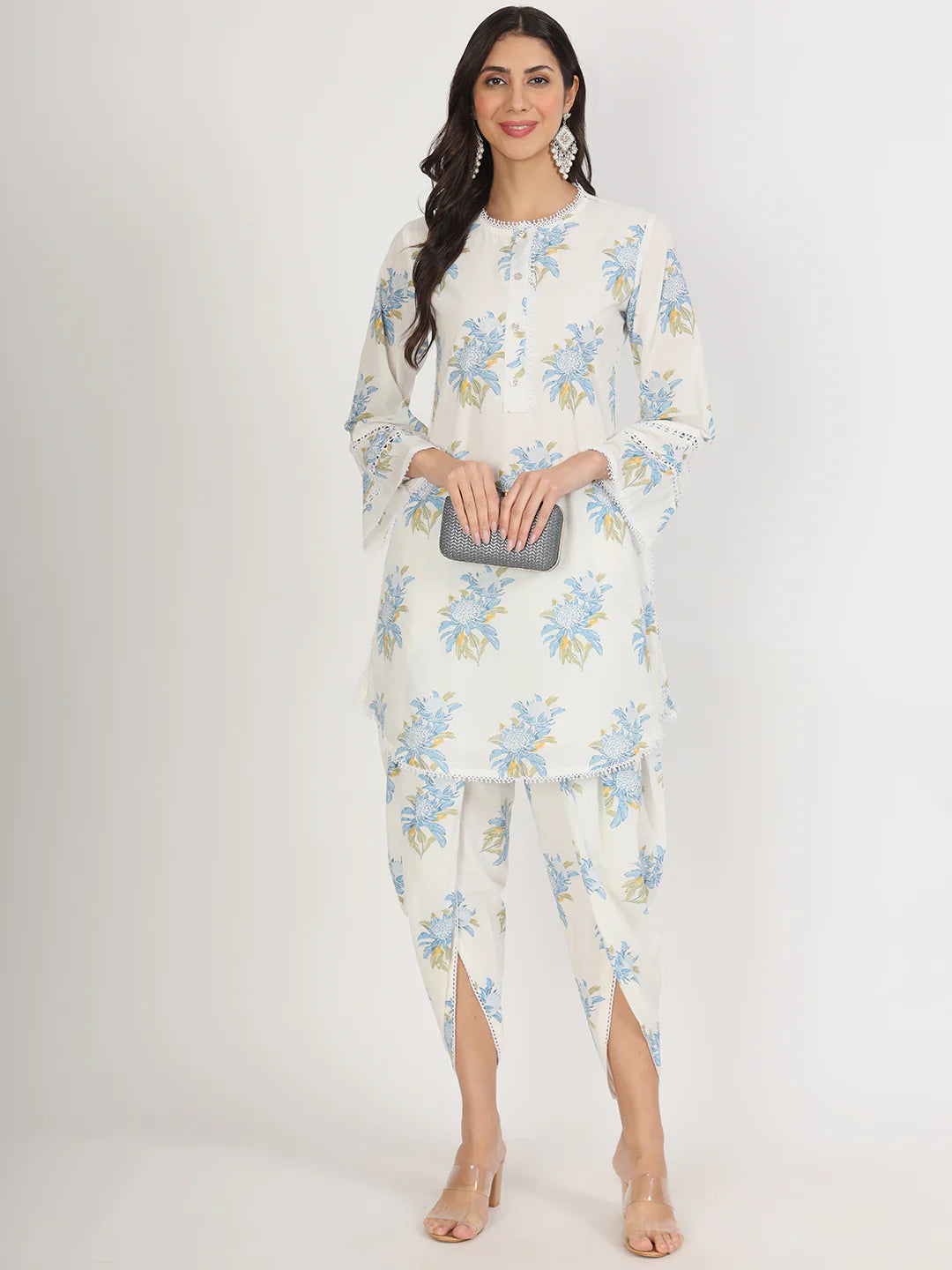 Off White Cotton Floral Print Dhoti Pant Co-ord Set