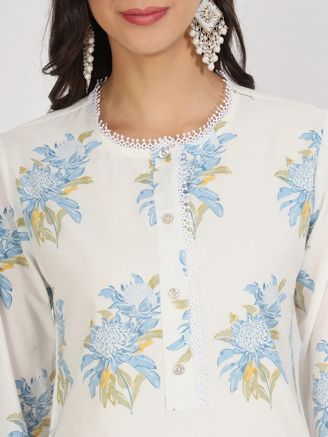 Off White Cotton Floral Print Dhoti Pant Co-ord Set