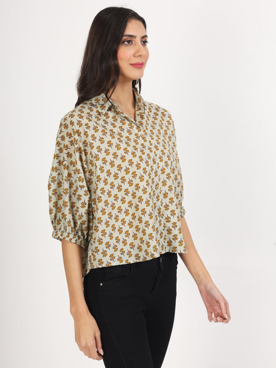 Ethnic Green Floral Printed Cotton Tops For Women