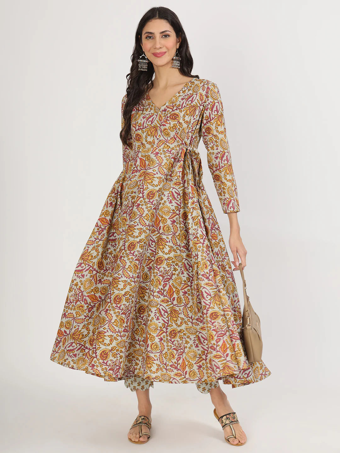 Green Cotton Floral Printed Angrakha Kurta Pants set