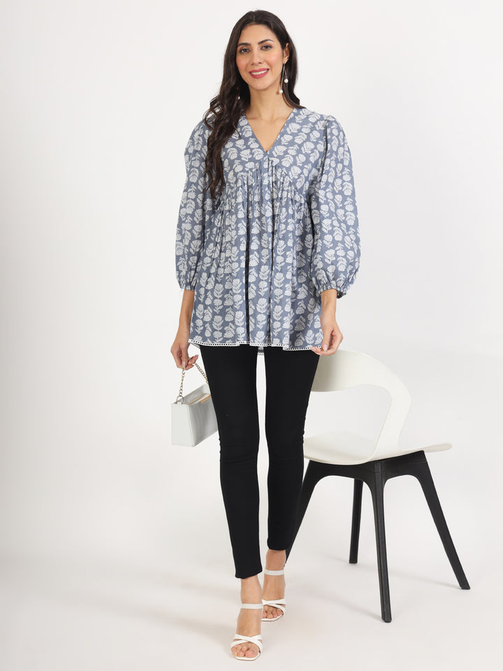 Ethnic Grey White Floral Printed Cotton Top For Women