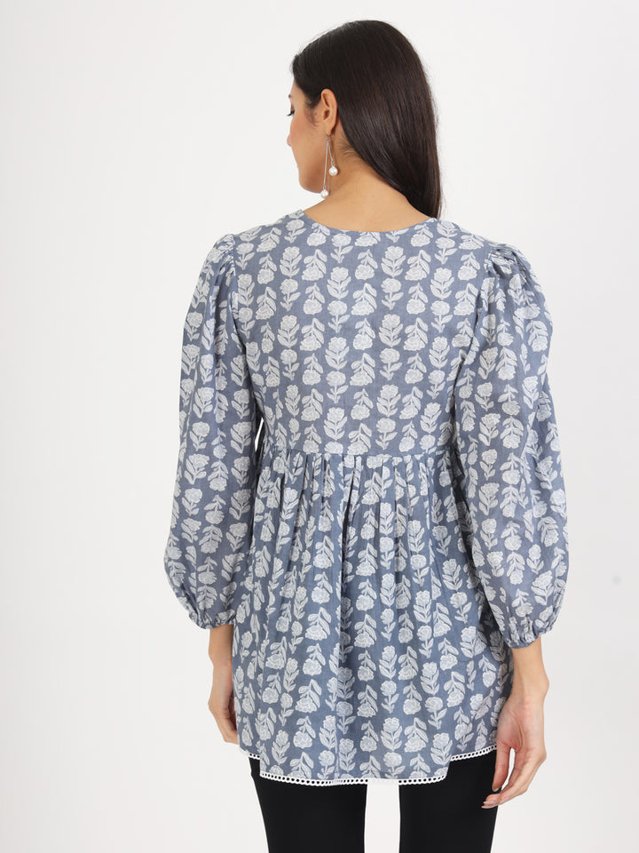 Ethnic Grey White Floral Printed Cotton Top For Women