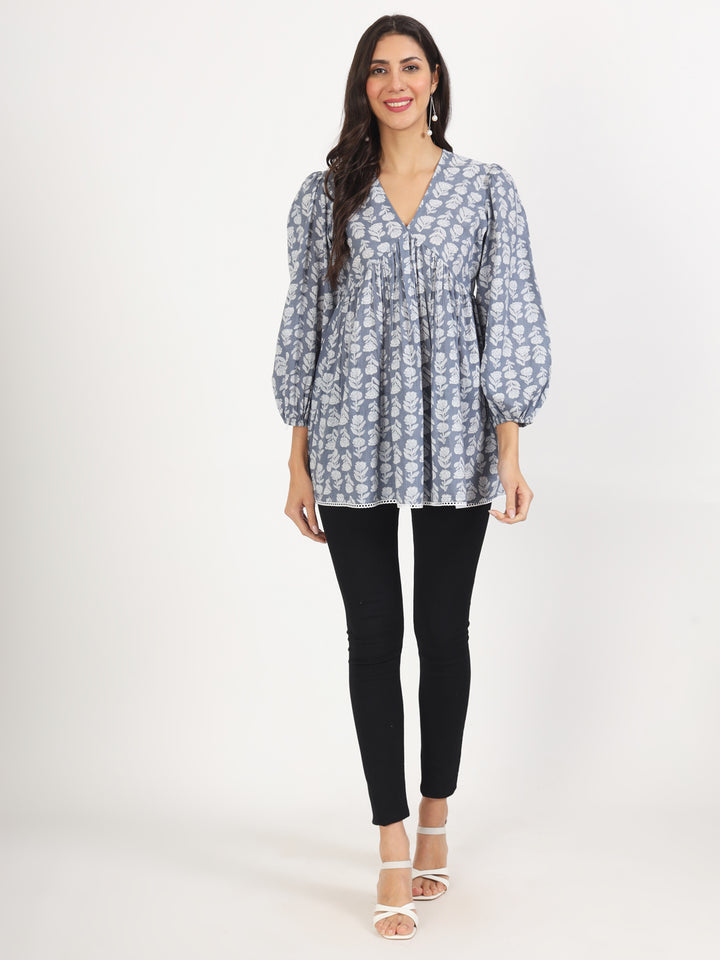 Ethnic Grey White Floral Printed Cotton Top For Women