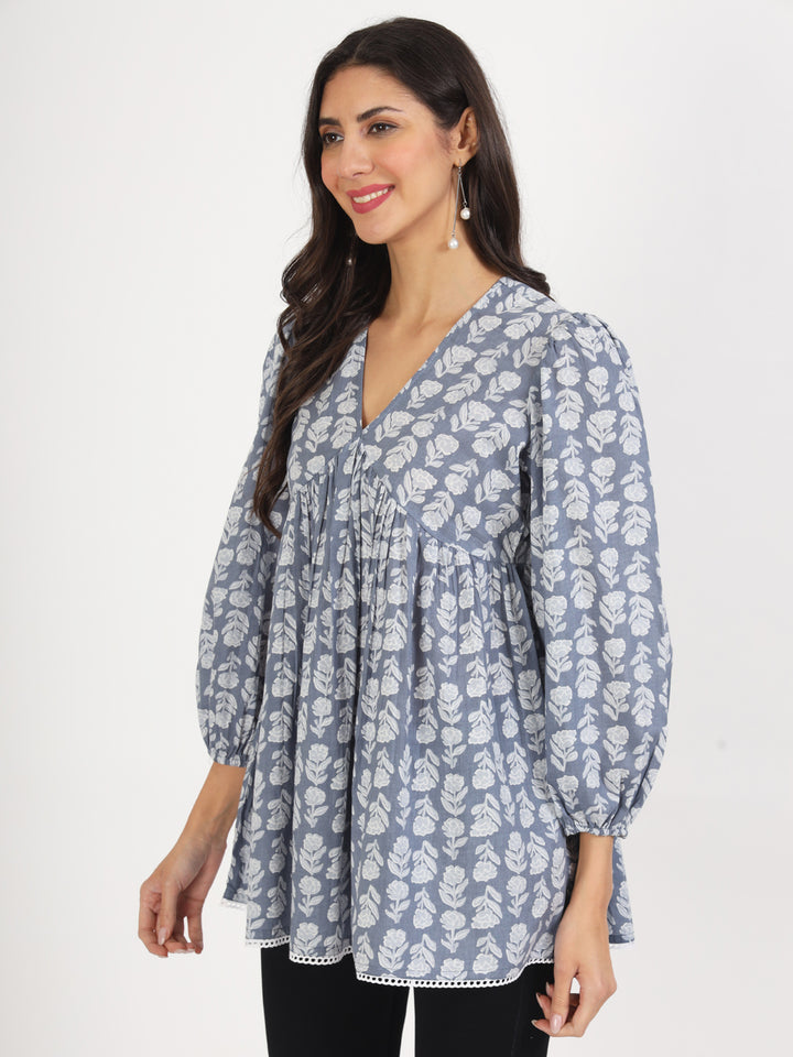 Ethnic Grey White Floral Printed Cotton Top For Women