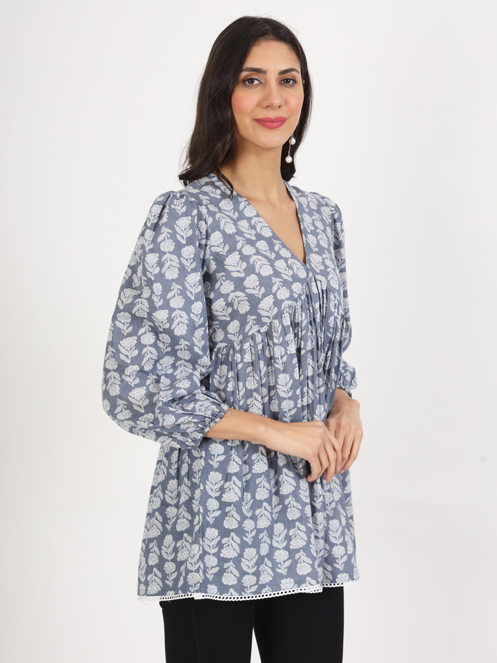 Ethnic Grey White Floral Printed Cotton Top For Women