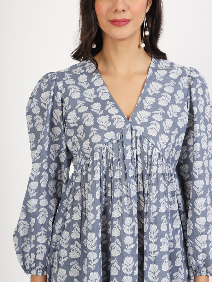Ethnic Grey White Floral Printed Cotton Top For Women