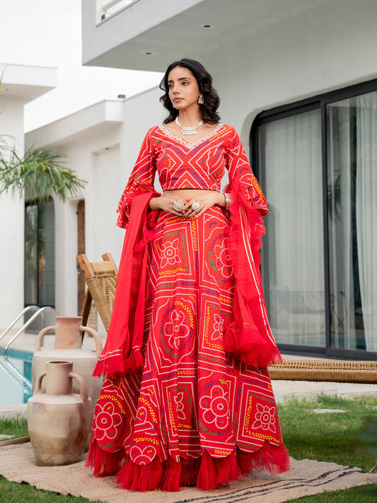 Red Cotton With Organza Ethnic Bandhani Print Lehenga Choli