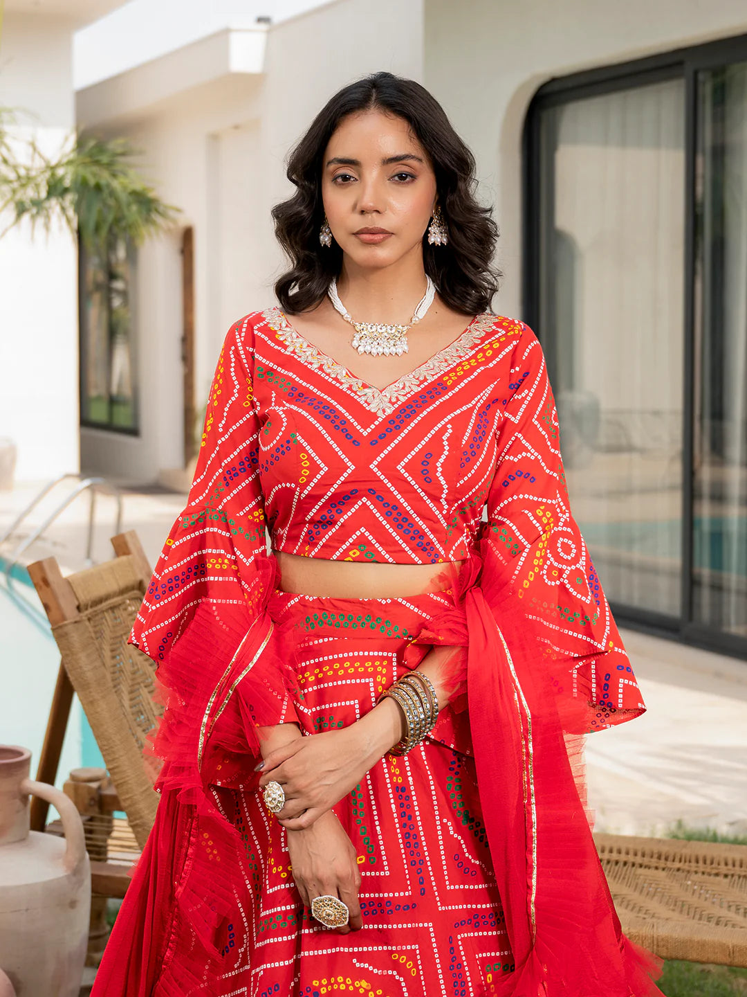 Red Cotton With Organza Ethnic Bandhani Print Lehenga Choli