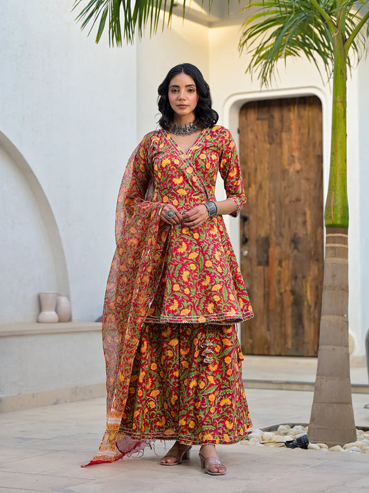 Maroon Floral Print Cotton Angarkha Ethnic Kurta Gharara Set