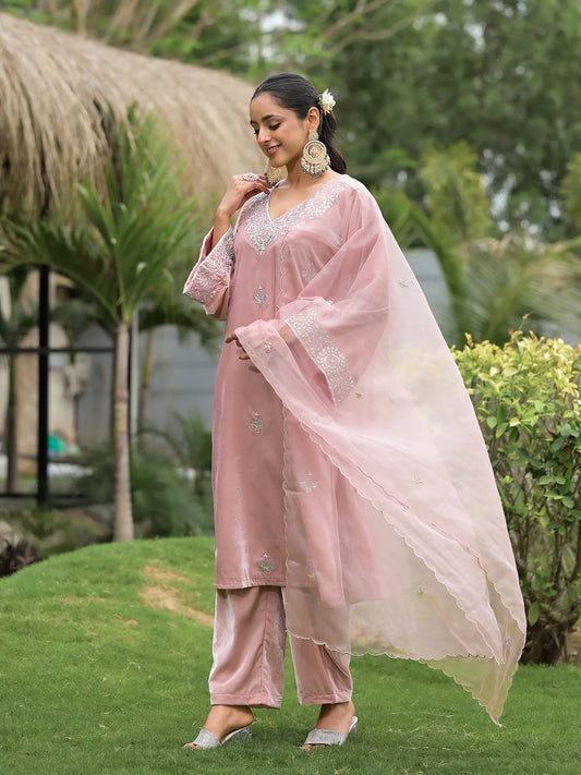 Pink Velvet Ethnic Embroidered Straight Kurta Sets