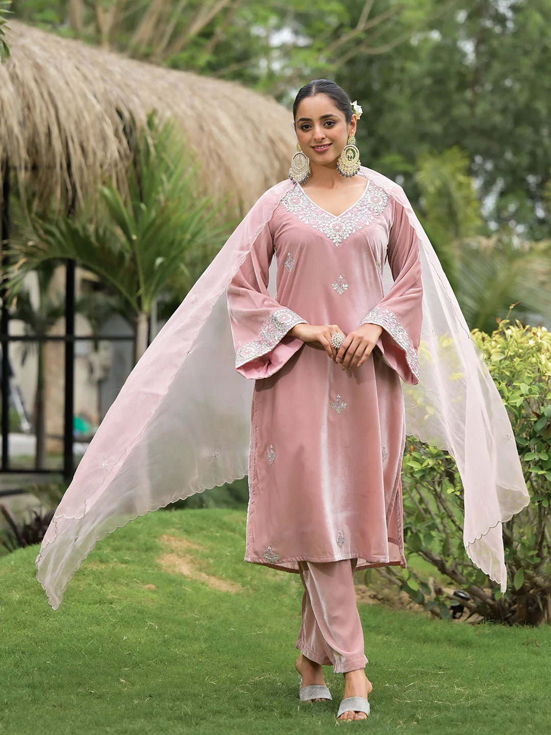 Pink Velvet Ethnic Embroidered Straight Kurta Sets