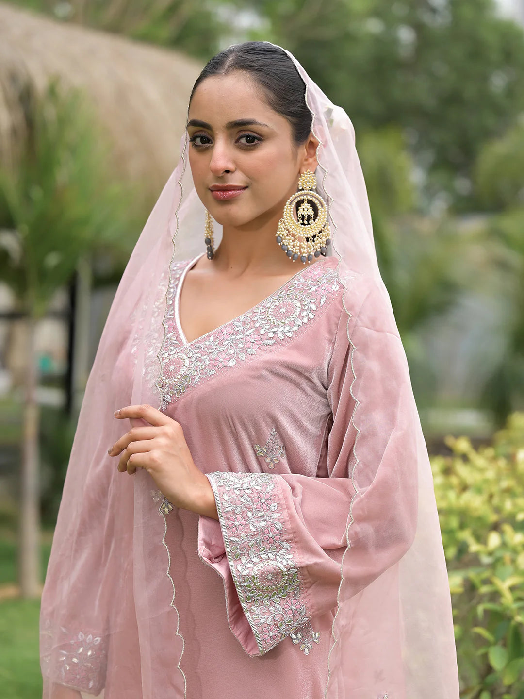 Pink Velvet Ethnic Embroidered Straight Kurta Sets