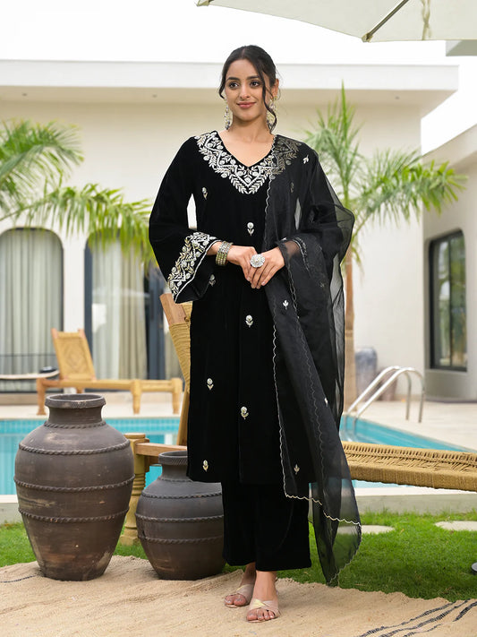 Balck Velvet Embroidered Straight Ethnic Kurta Sets