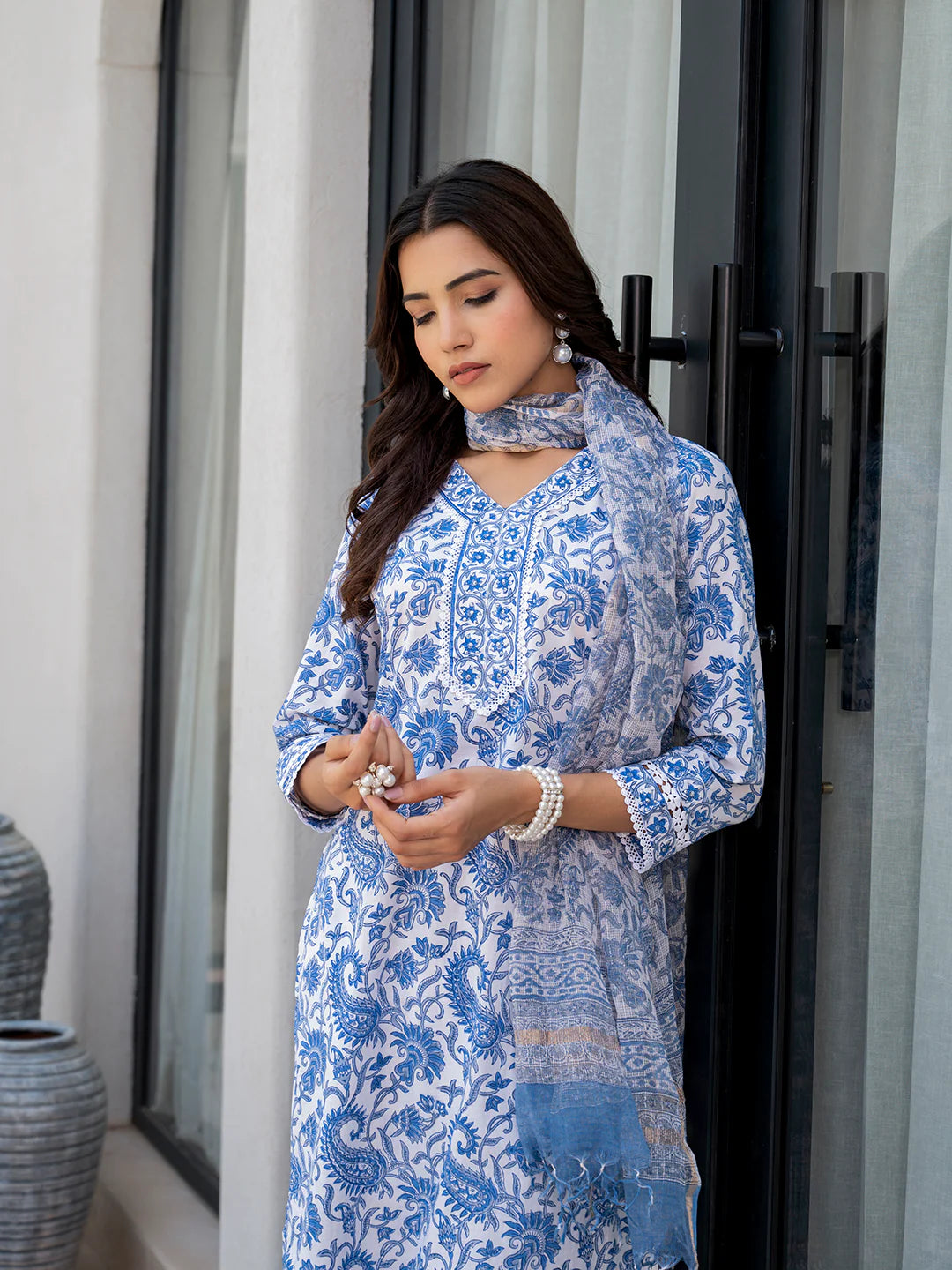 Sky Blue Ethnic Cotton Floral Print Straight Kurta Sets