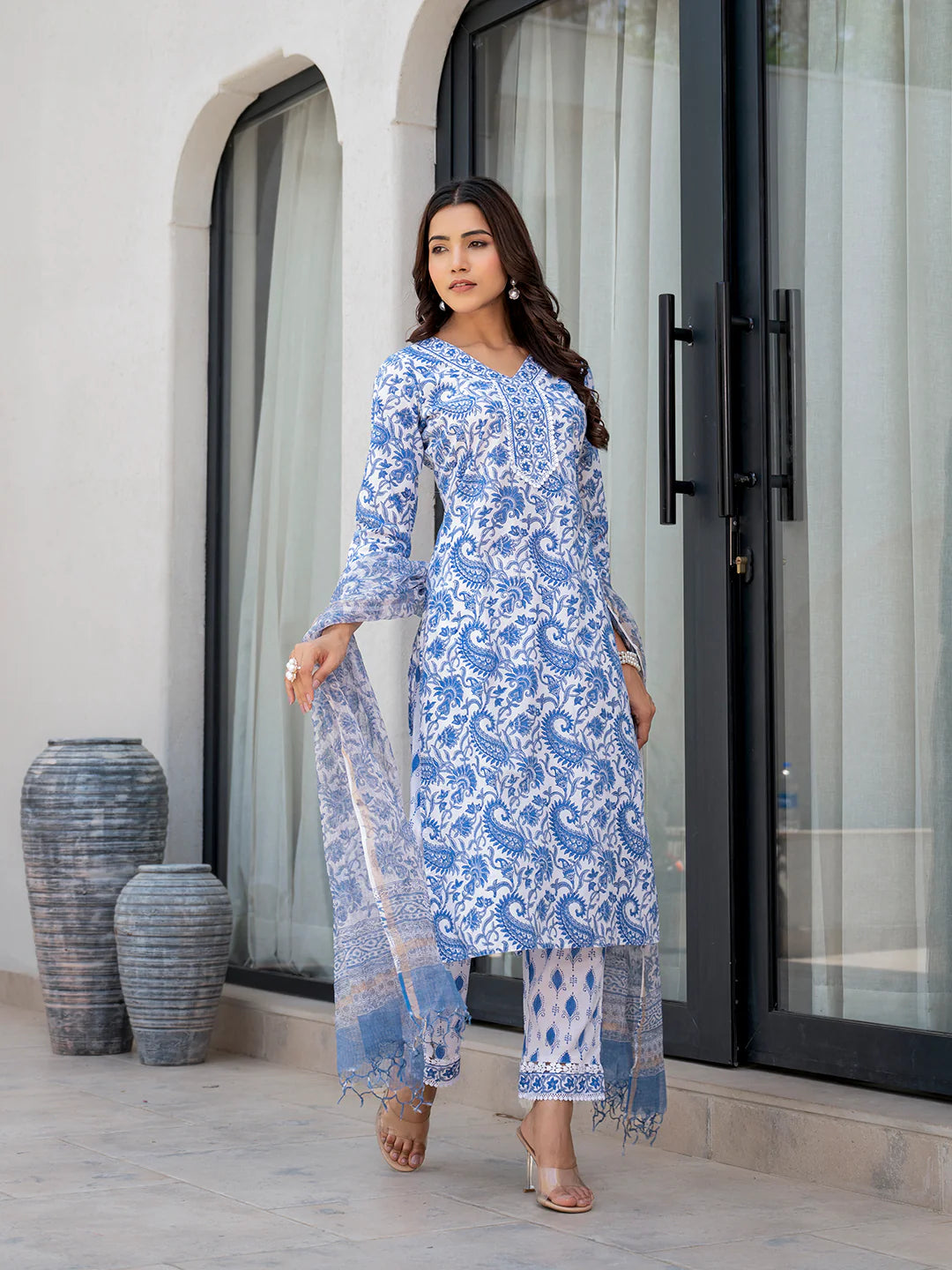 Sky Blue Ethnic Cotton Floral Print Straight Kurta Sets