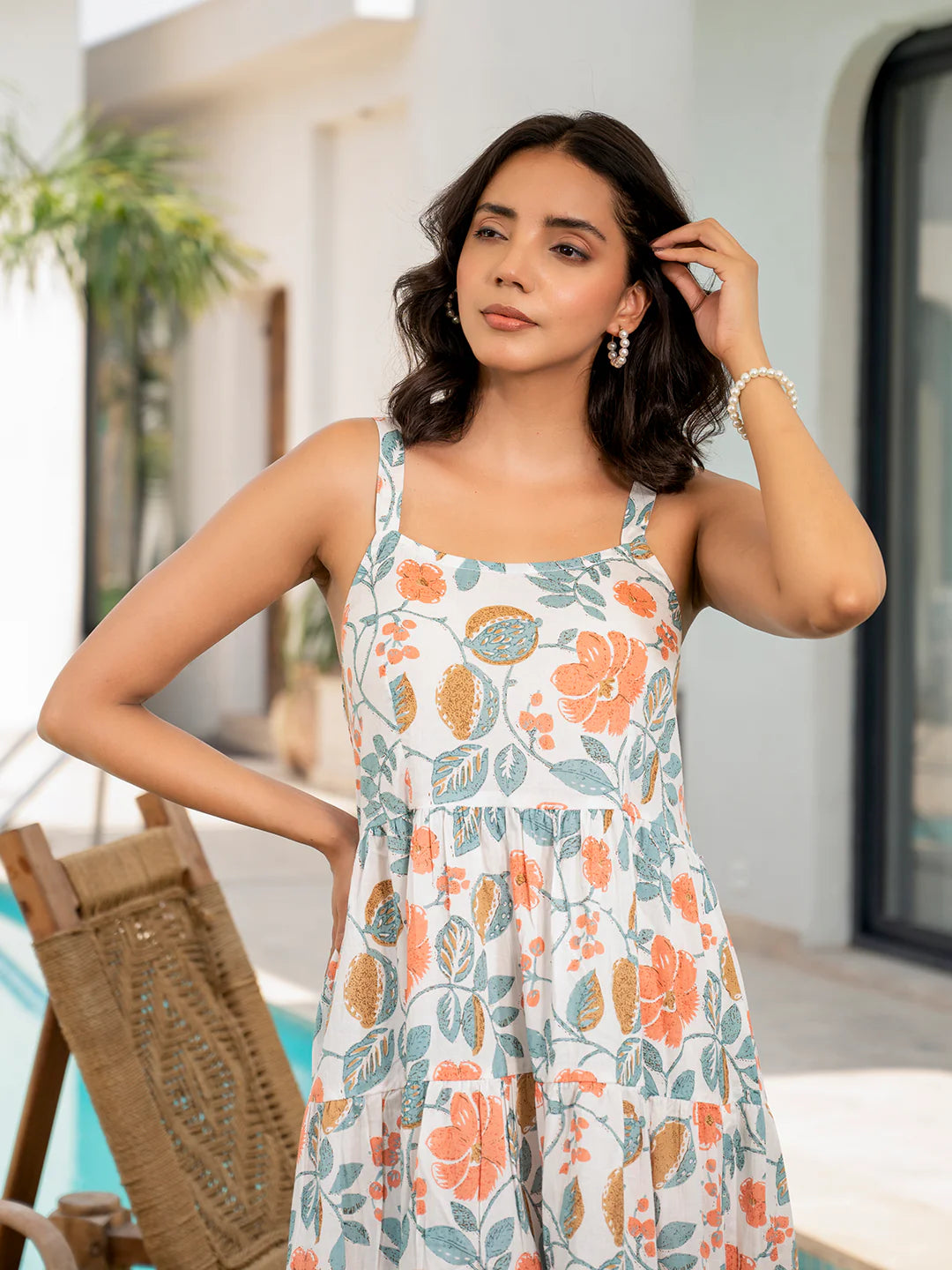 White Cotton Floral Printed Calf Length Casual Ethnic Dress