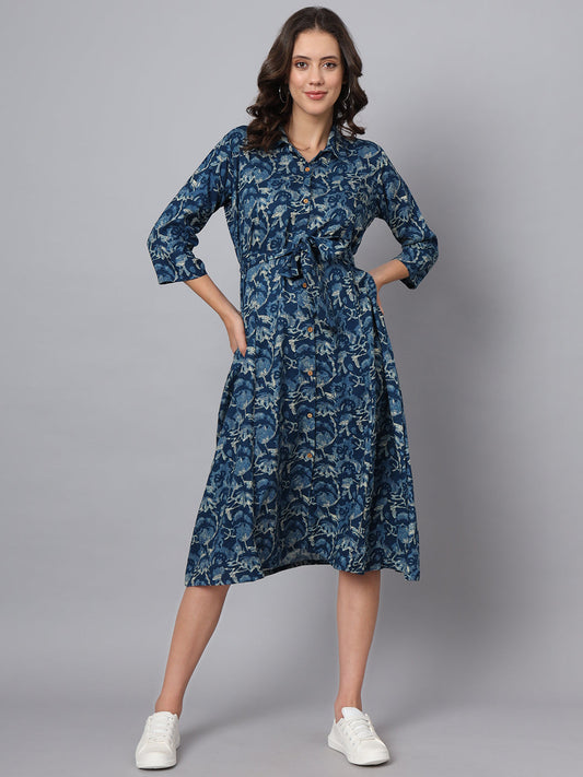 Blue Floral Print Rayon Midi Dress