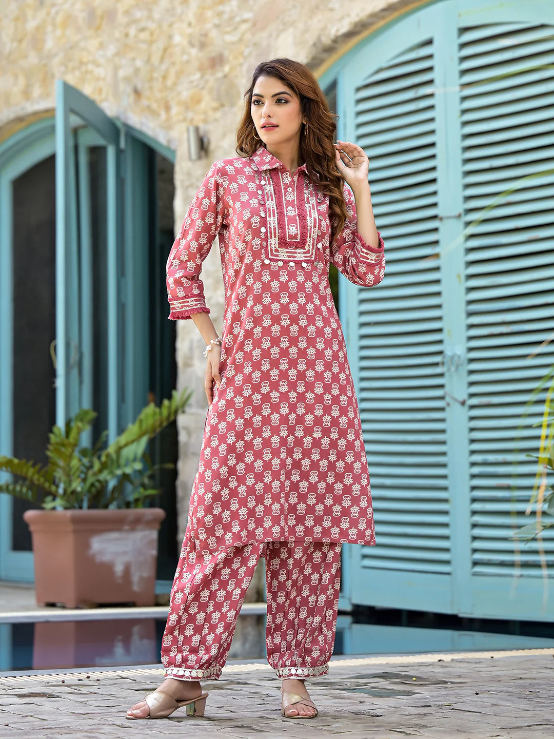 Peach Cotton Straight Knee Long Pathani Style Co-ord Sets