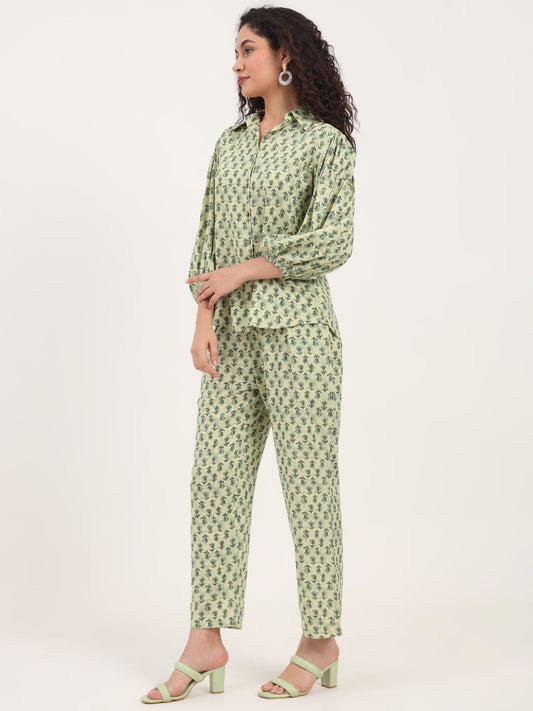 Green Floral Print Rayon Fabric Shirts Pant With Crop Top three Piece set