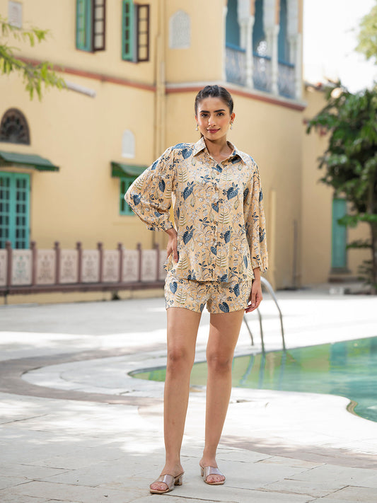 Yellow Floral Print Rayon Fabric Shirts Shorts With Crop Top three Piece set