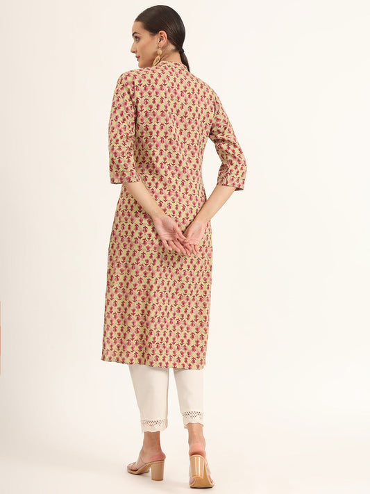 Red Floral Print Pure Cotton Straight Kurta