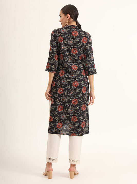Black Floral Print Rayon Straight Kurta