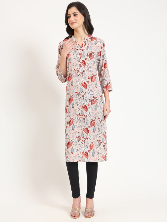 Multicolour Floral Print Rayon Fabric Straight Kurta