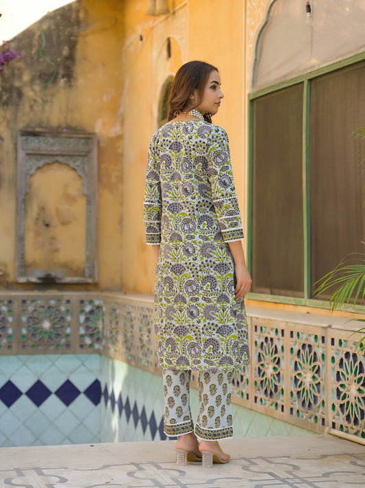 Sea Green Cotton Hand Block Print Kurta Pant with Dupatta