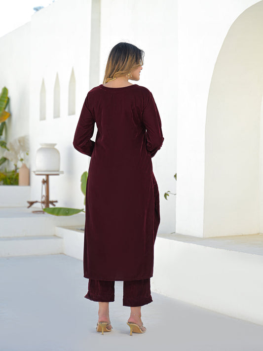 Embroidered Maroon Velvet Kurta Pant Dupatta Set for Women