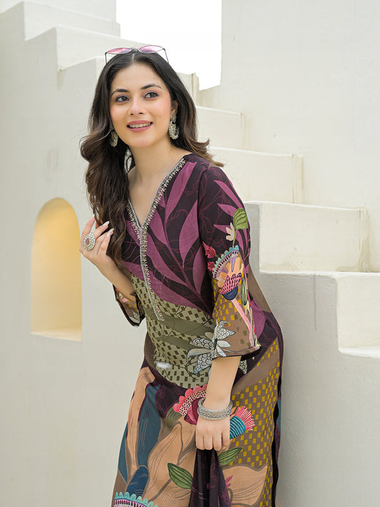 Purple Pure Crepe Digital Print Kurta Pant Set With Dupatta