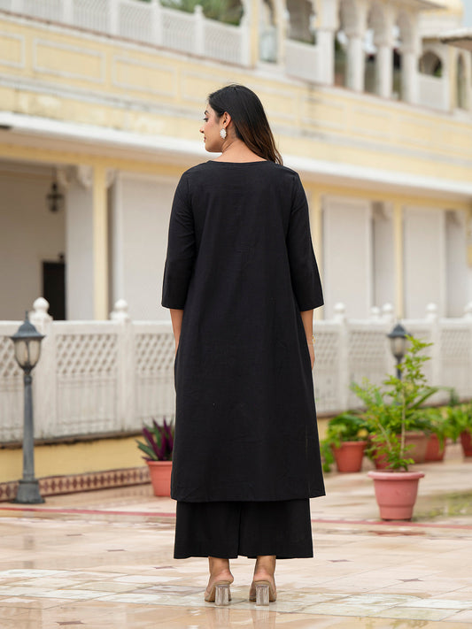 Black Solid Cotton Kurta Palazzo Set