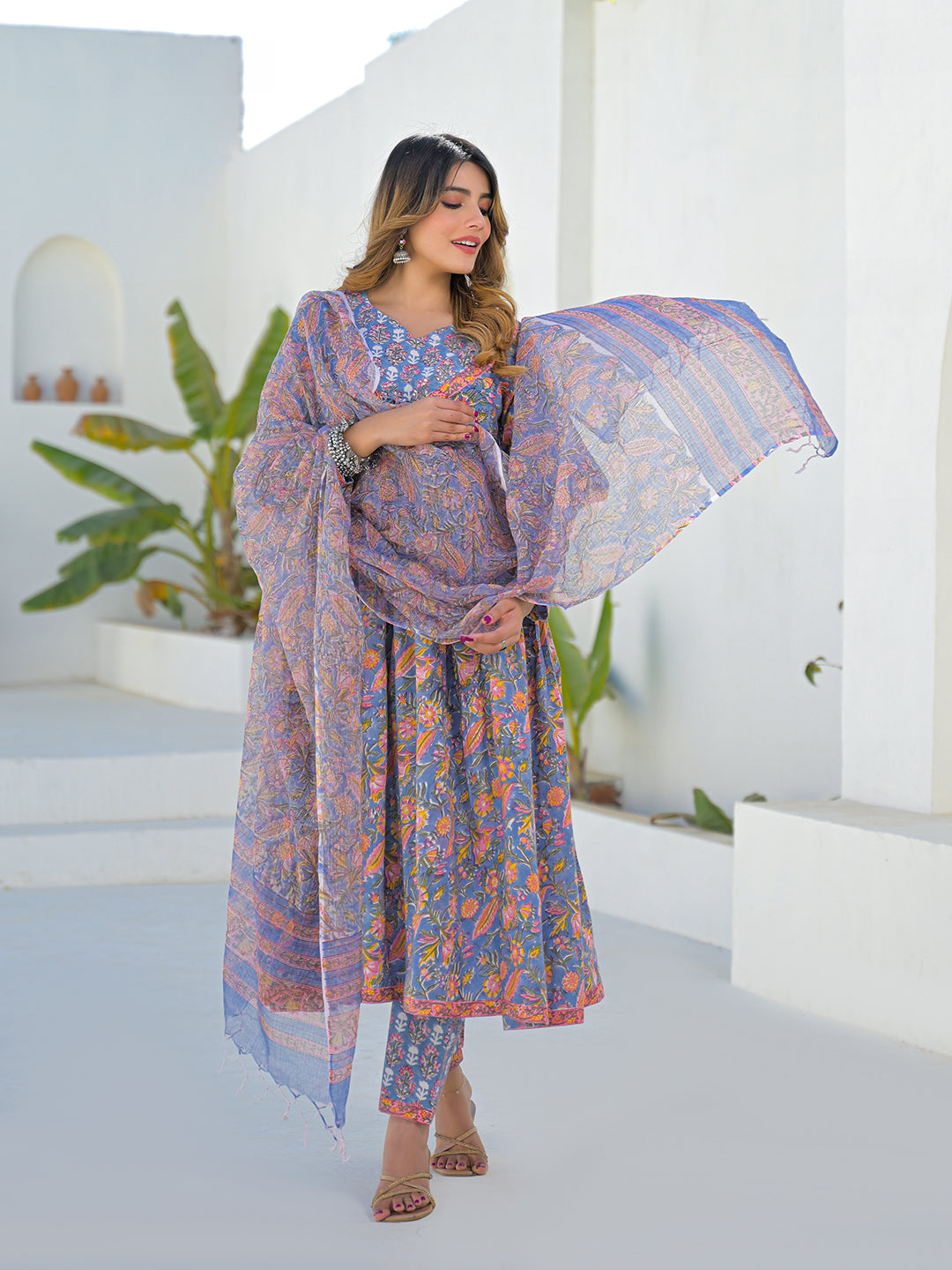 Sky Blue Hand Block Cotton Anarkali Kurta Pant Set With Dupatta