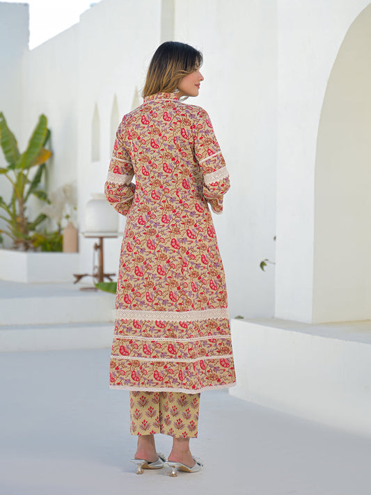 Beige Hand Block Cotton A-Line Kurta Pant Set With Dupatta
