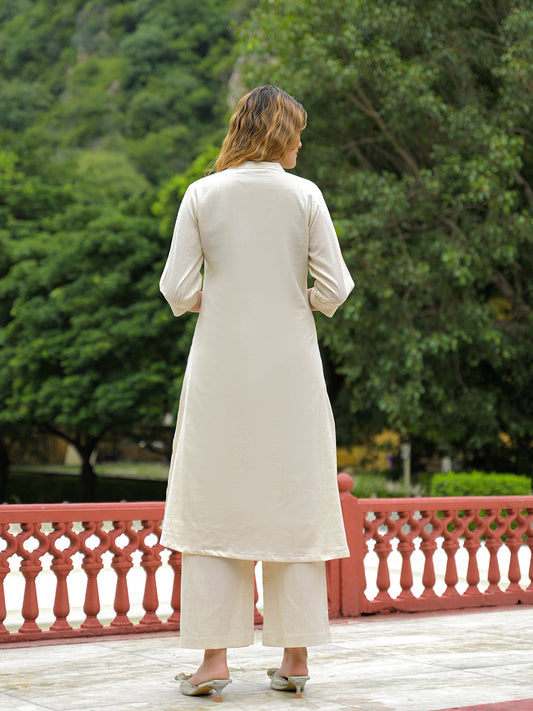 Off White Embroidered Cotton A-line Kurta Pant Sets